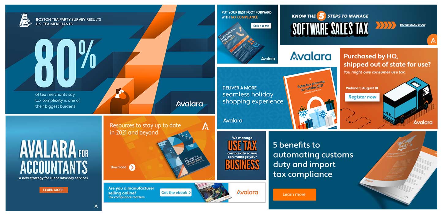 Avalara campaign ad grid — multiple formats, multiple campaigns, consistent brand system